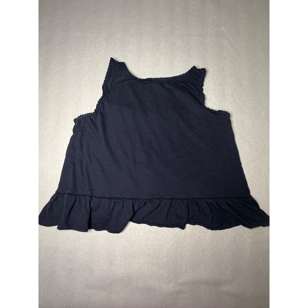 LOFT Navy Blue Ruffle Back Sleeveless Cotton Tank Top Crochet Trim Womens Large